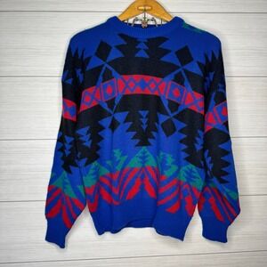 Vintage American Weekend Mens Large Blue Southwestern Geometric Knit Sweater USA